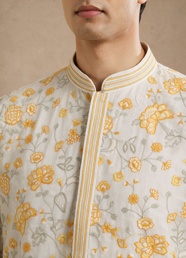 Manyavar Men Cream Chanderi Kurta Churidar with Thread Embroidery