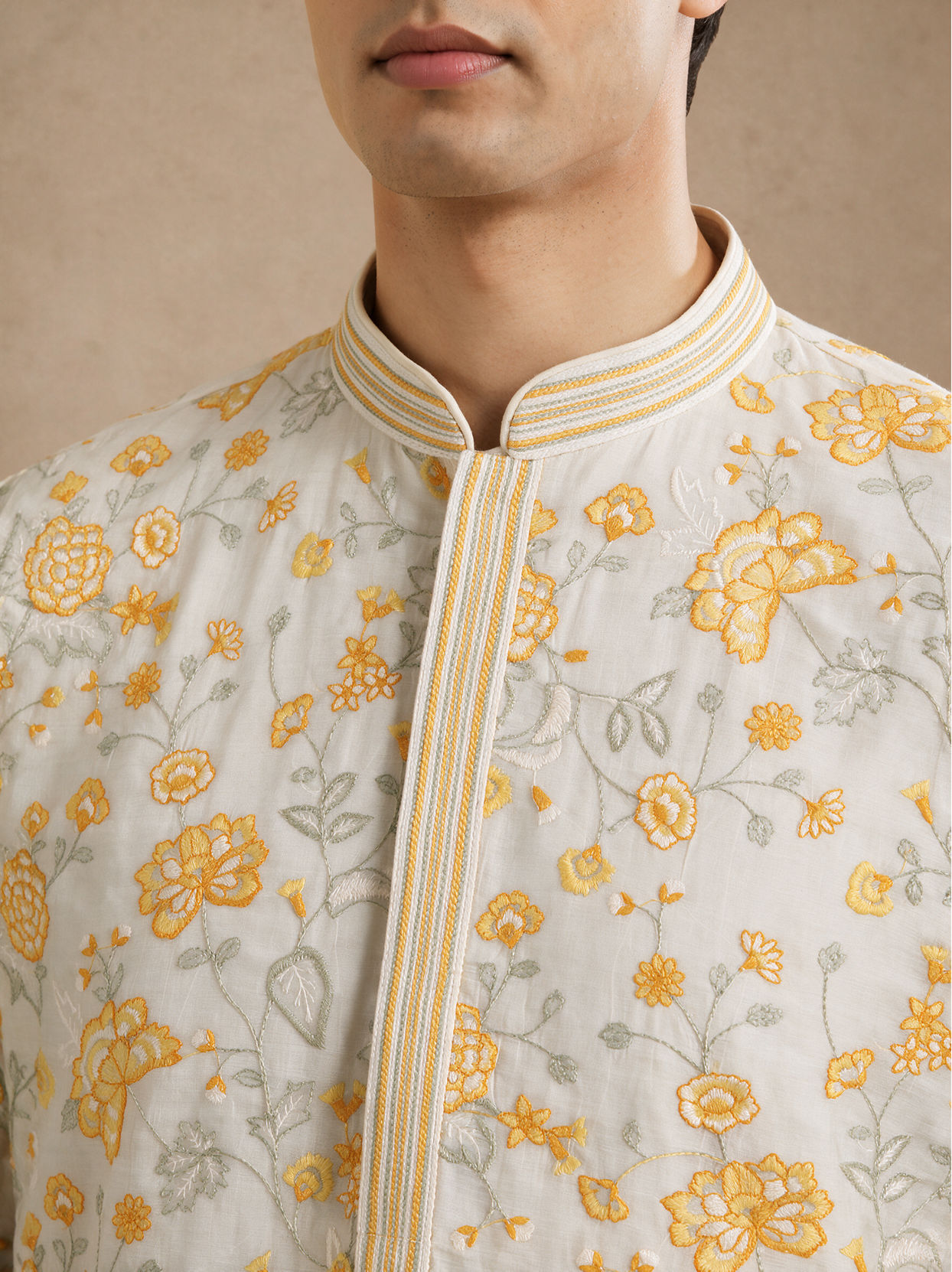 Manyavar Men Cream Chanderi Kurta Churidar with Thread Embroidery