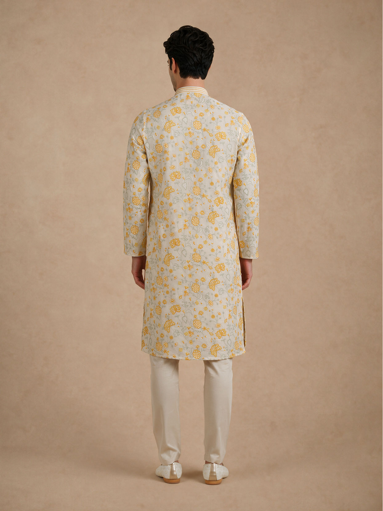 Manyavar Men Cream Chanderi Kurta Churidar with Thread Embroidery