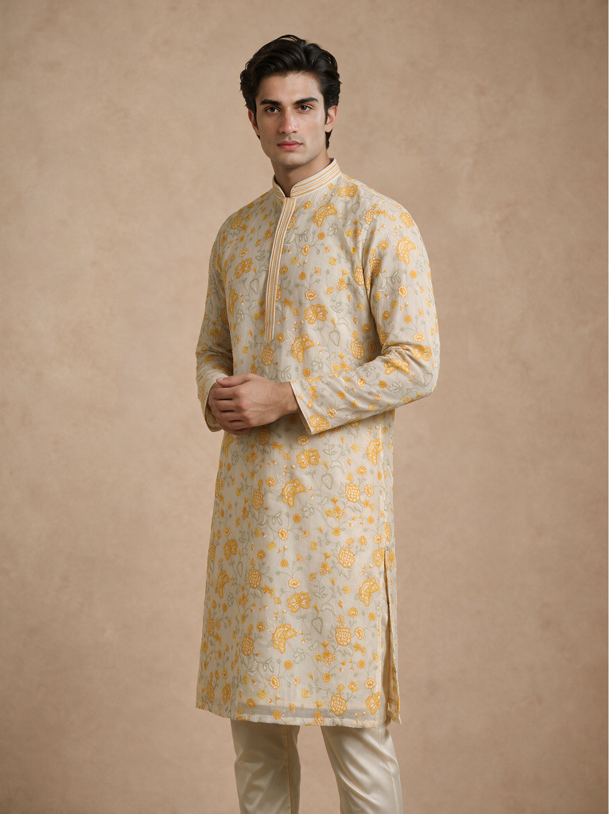 Manyavar Men Cream Chanderi Kurta Churidar with Thread Embroidery