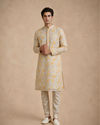 Manyavar Men Cream Chanderi Kurta Churidar with Thread Embroidery