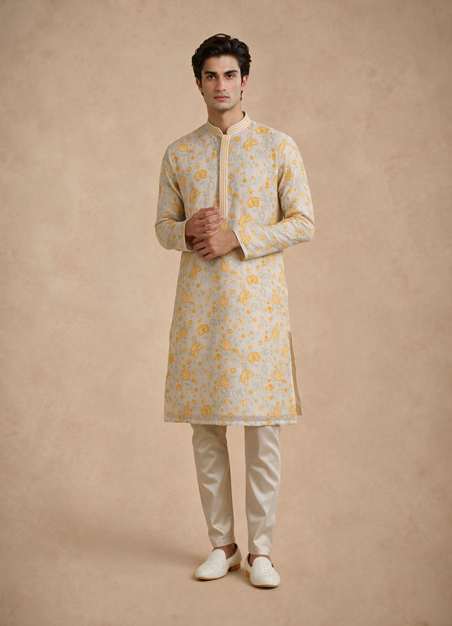 Manyavar Men Cream Chanderi Kurta Churidar with Thread Embroidery