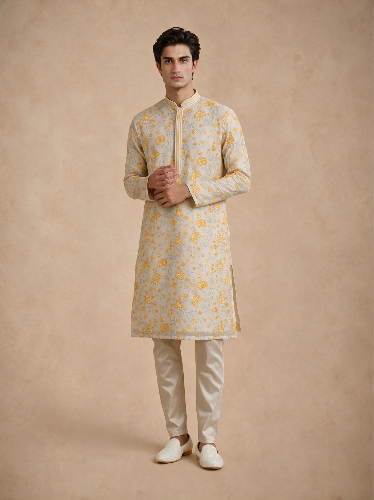 Manyavar Men Cream Chanderi Kurta Churidar with Thread Embroidery