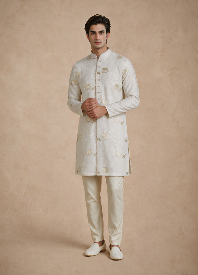 Manyavar Men Cream Blended Viscose Kurta Pajama with Embroidery