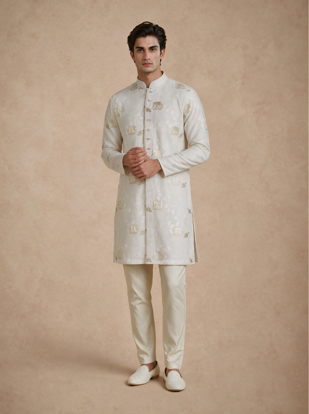 Manyavar Men Cream Blended Viscose Kurta Pajama with Embroidery