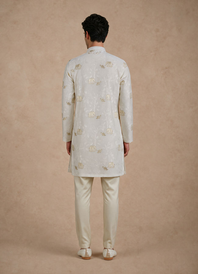 Manyavar Men Cream Blended Viscose Kurta Pajama with Embroidery