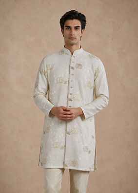 Manyavar Men Cream Blended Viscose Kurta Pajama with Embroidery