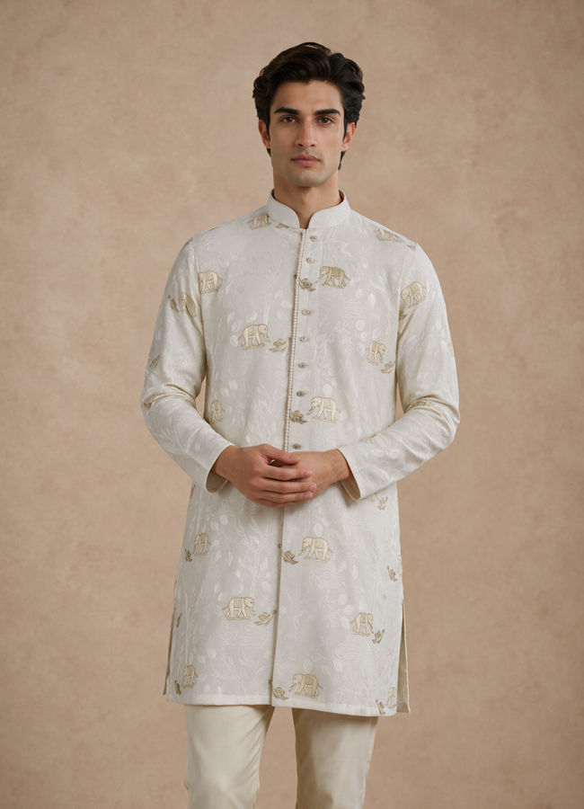 Manyavar Men Cream Blended Viscose Kurta Pajama with Embroidery