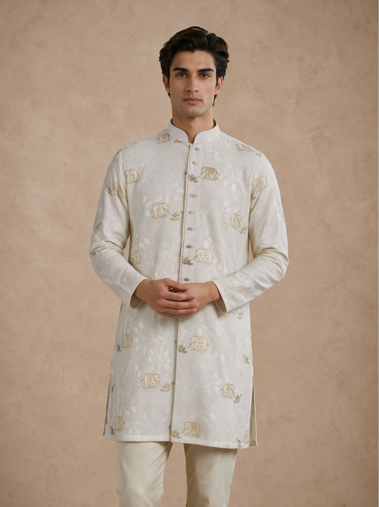Manyavar Men Cream Blended Viscose Kurta Pajama with Embroidery