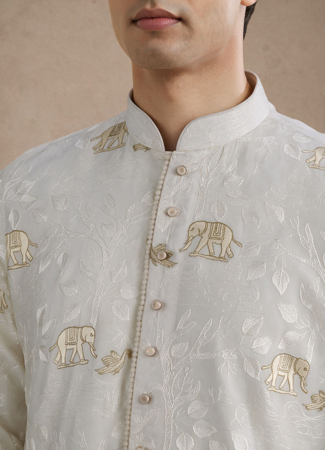 Manyavar Men Cream Blended Viscose Kurta Pajama with Embroidery
