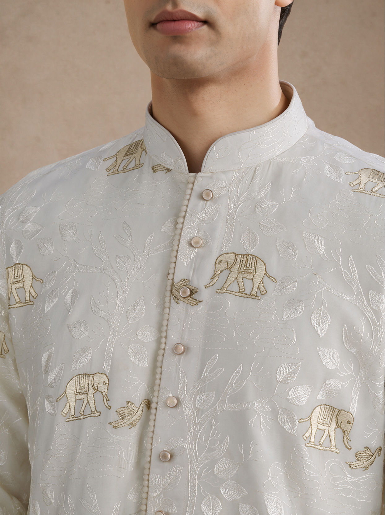 Manyavar Men Cream Blended Viscose Kurta Pajama with Embroidery