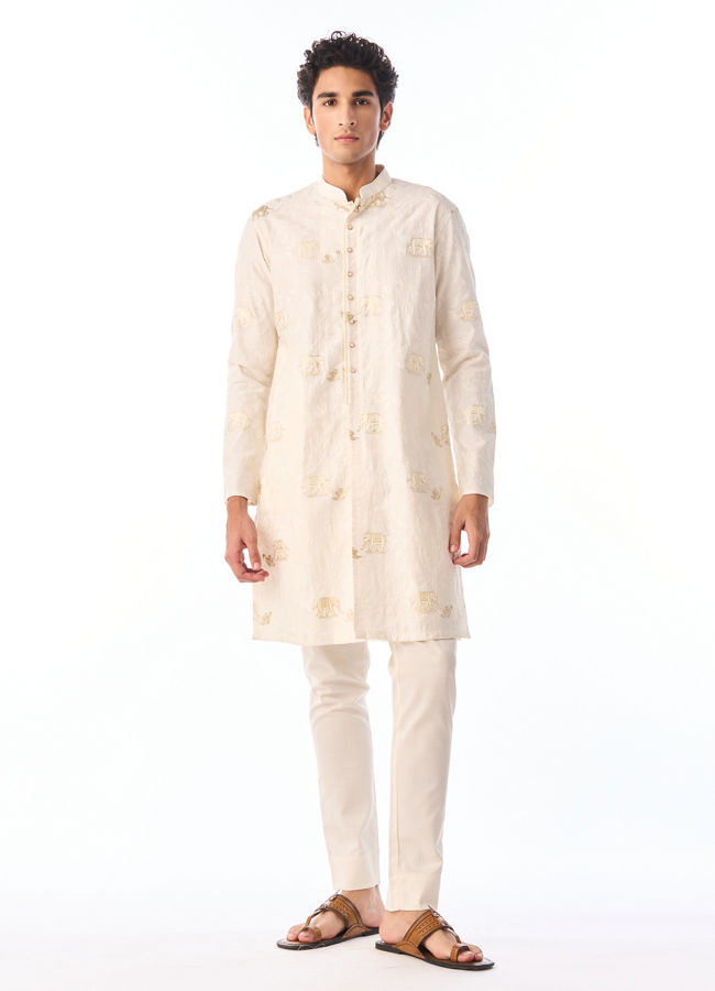 Manyavar Men Cream Blended Viscose Kurta Pajama with Embroidery