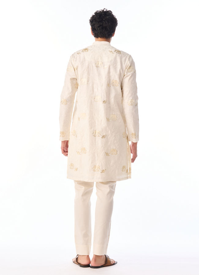 Manyavar Men Cream Blended Viscose Kurta Pajama with Embroidery