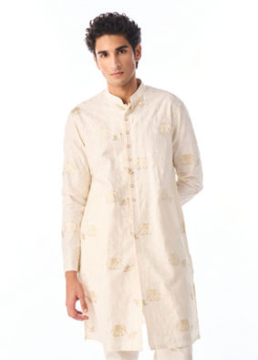 Manyavar Men Cream Blended Viscose Kurta Pajama with Embroidery