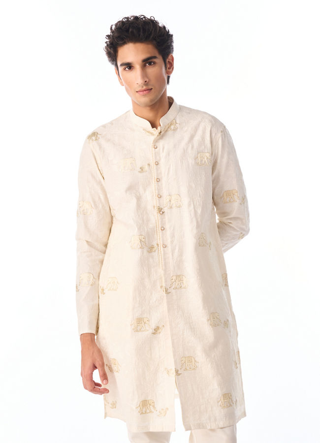 Manyavar Men Cream Blended Viscose Kurta Pajama with Embroidery