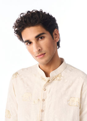Manyavar Men Cream Blended Viscose Kurta Pajama with Embroidery