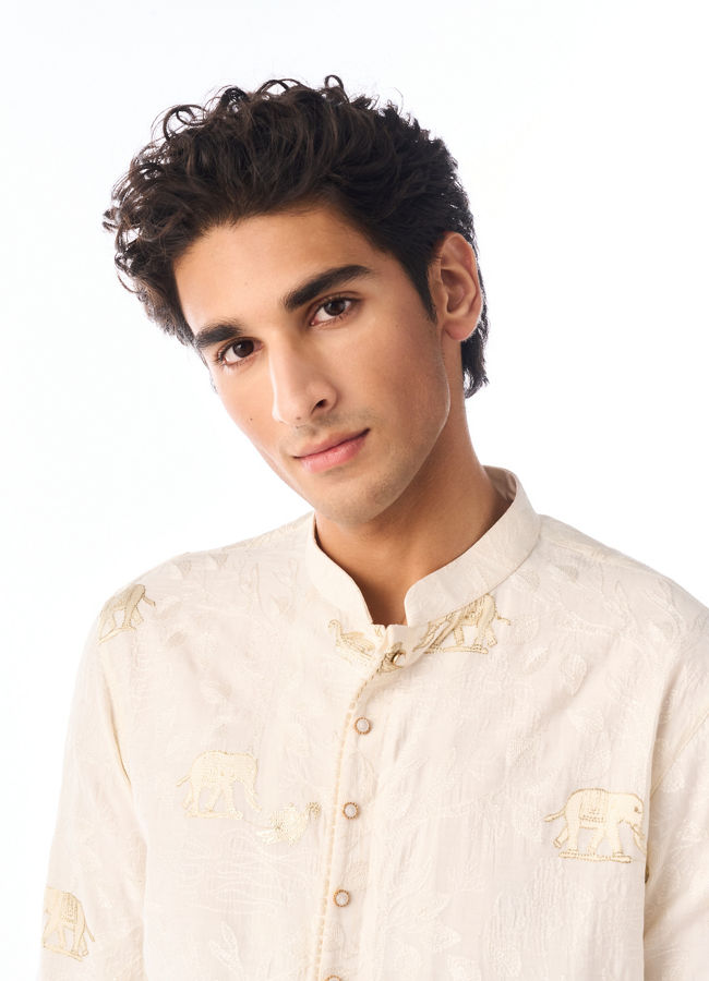 Manyavar Men Cream Blended Viscose Kurta Pajama with Embroidery