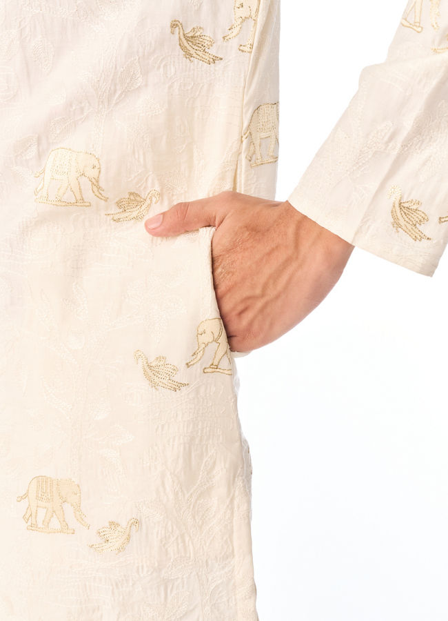Manyavar Men Cream Blended Viscose Kurta Pajama with Embroidery