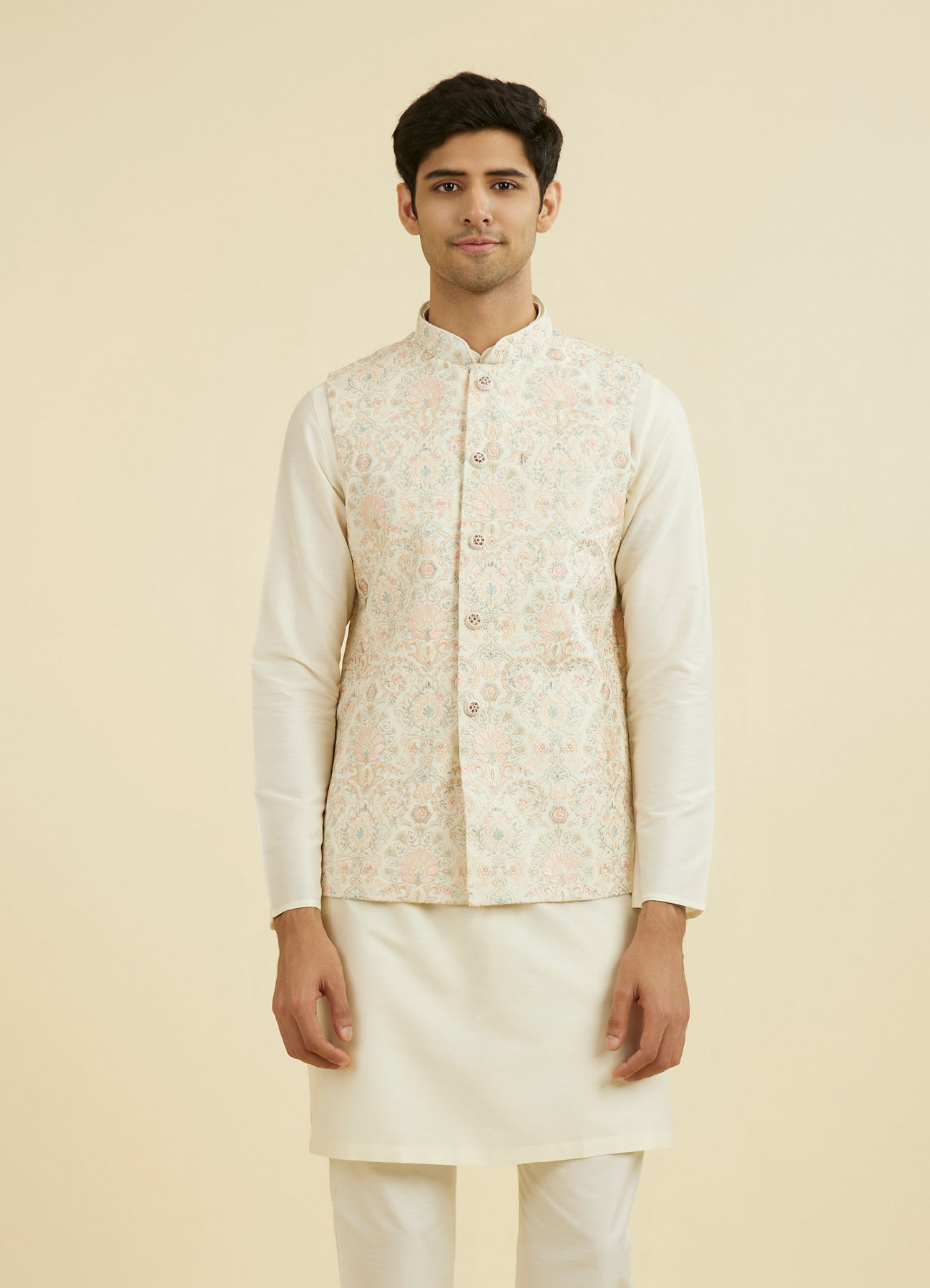Manyavar Men Cream Pink Nehru Jacket