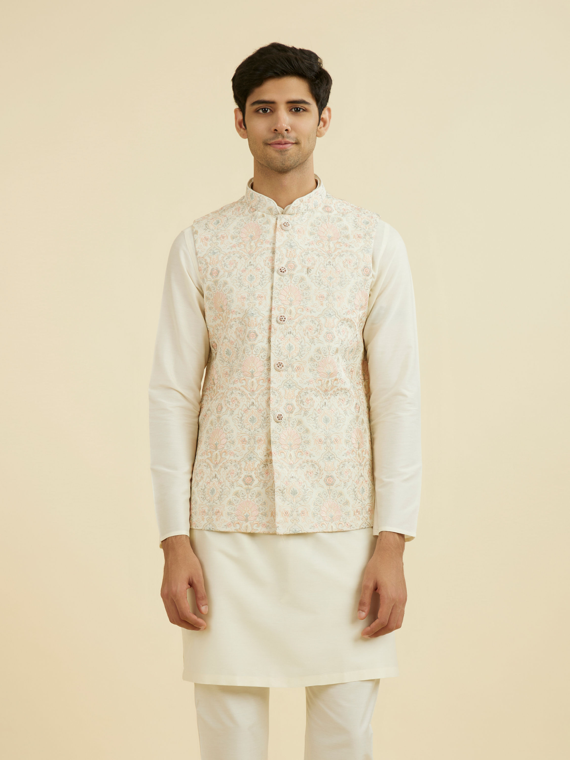 Manyavar Men Cream Pink Nehru Jacket