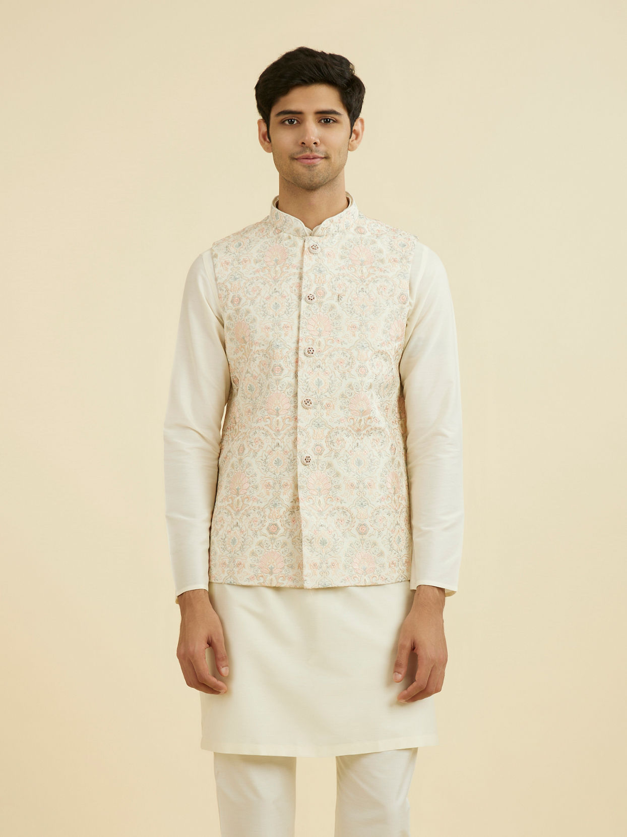 Manyavar Men Cream Pink Nehru Jacket