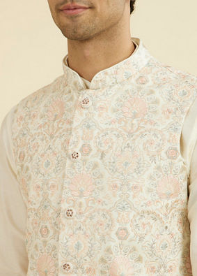 Manyavar Men Cream Pink Nehru Jacket