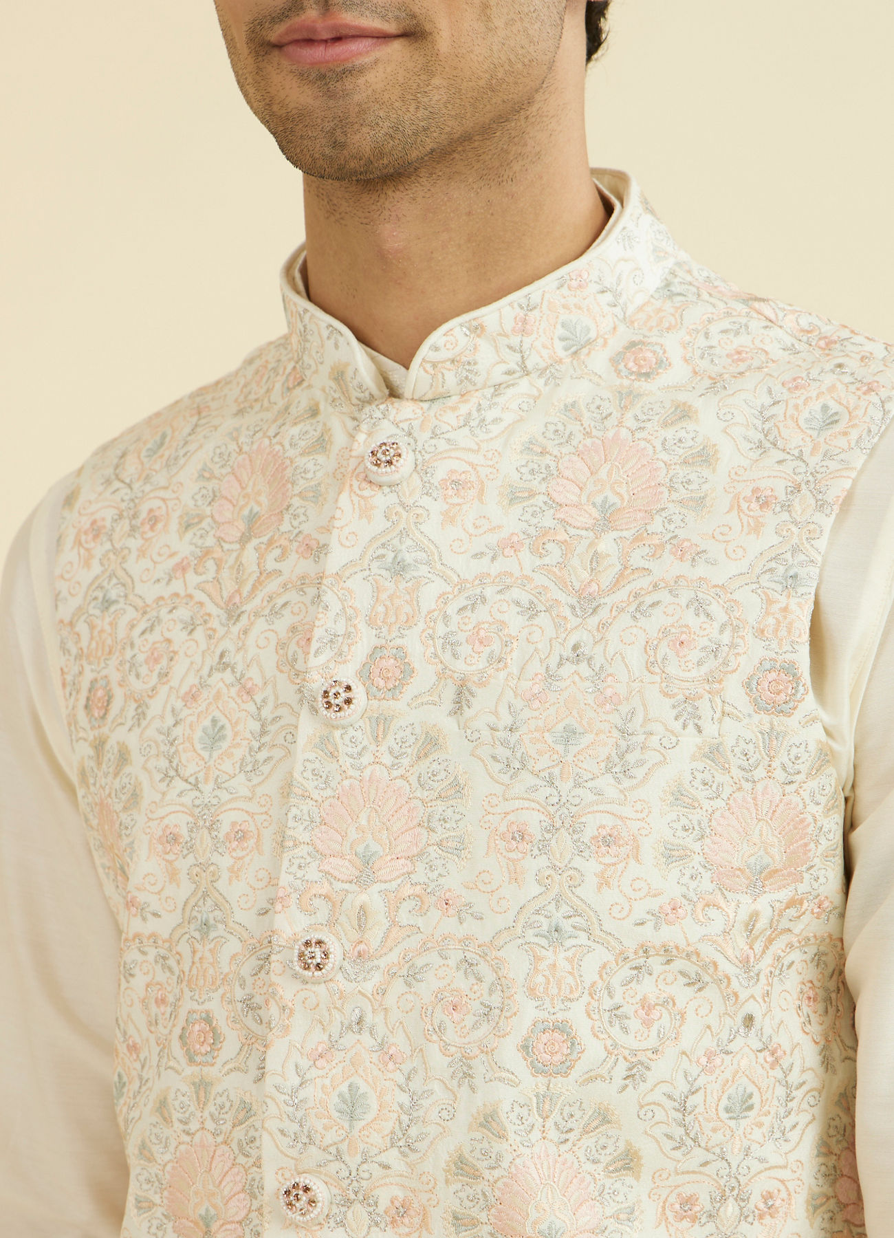 Manyavar Men Cream Pink Nehru Jacket