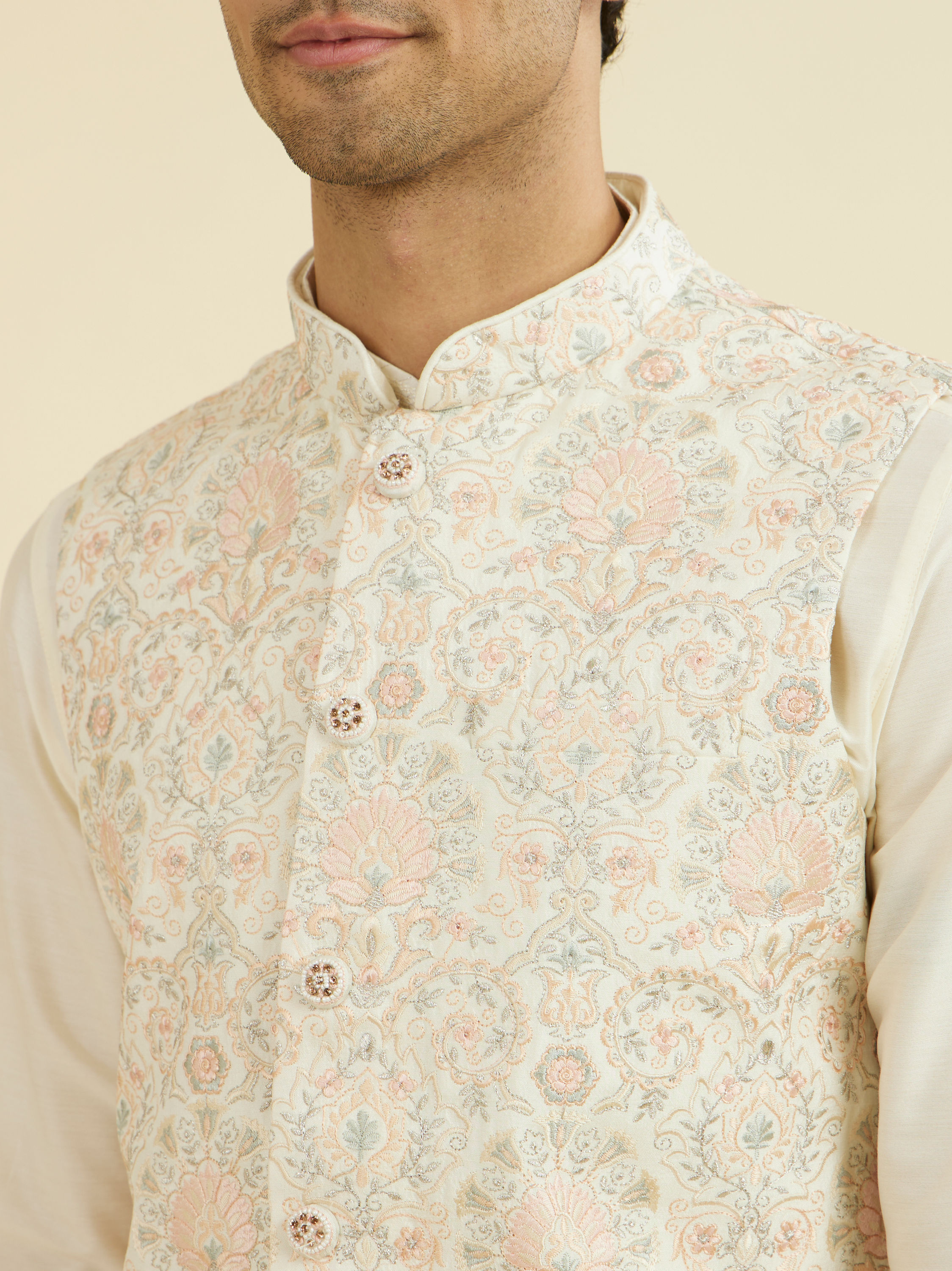 Manyavar Men Cream Pink Nehru Jacket