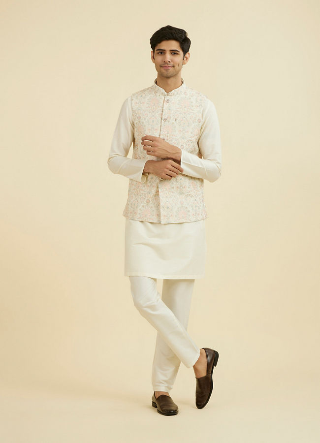Manyavar Men Cream Pink Nehru Jacket