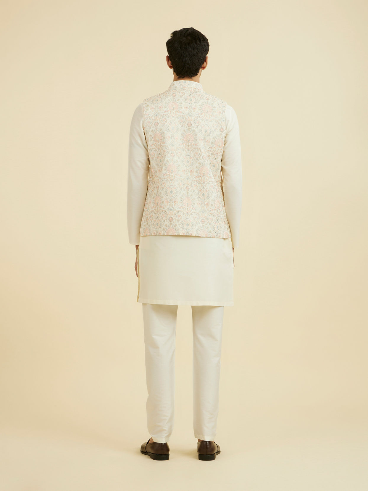 Manyavar Men Cream Pink Nehru Jacket