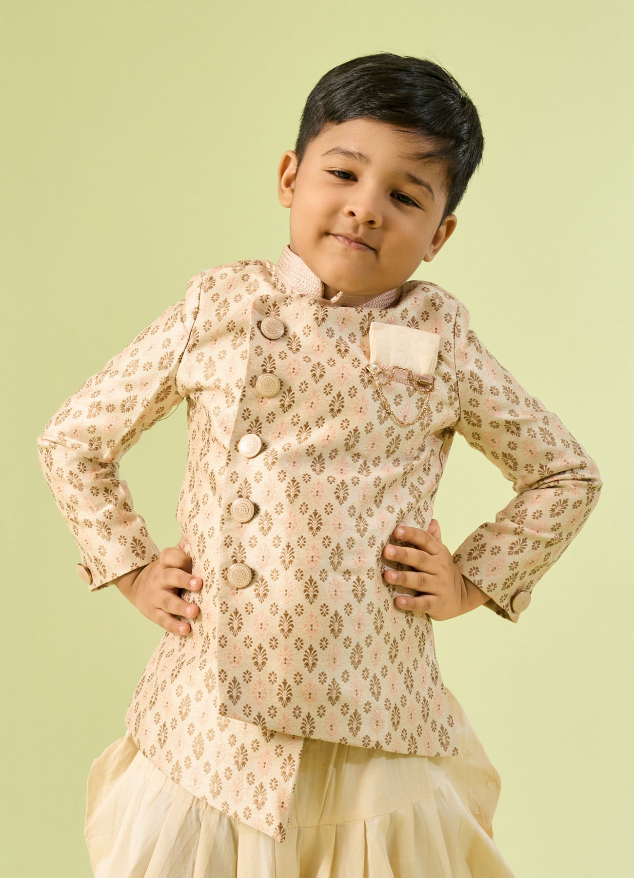 Manyavar Boys Kids Beige Art Silk Kurta Pajama Set