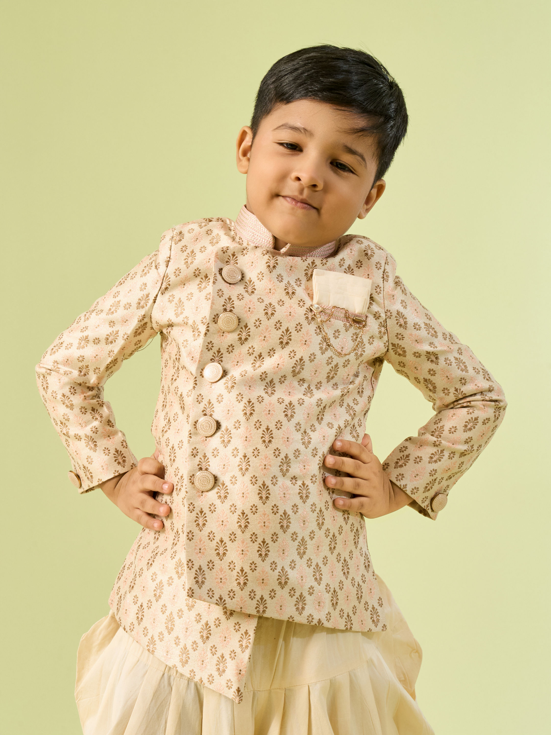 Manyavar Boys Kids Beige Art Silk Kurta Pajama Set