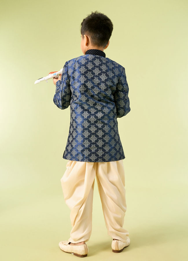 Manyavar Boys Kids Dark Blue Kurta Pajama with Brooch