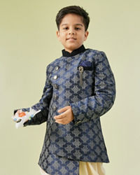 Manyavar Boys Kids Dark Blue Kurta Pajama with Brooch