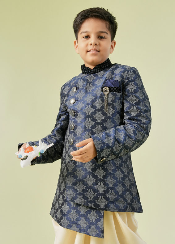 Manyavar Boys Kids Dark Blue Kurta Pajama with Brooch