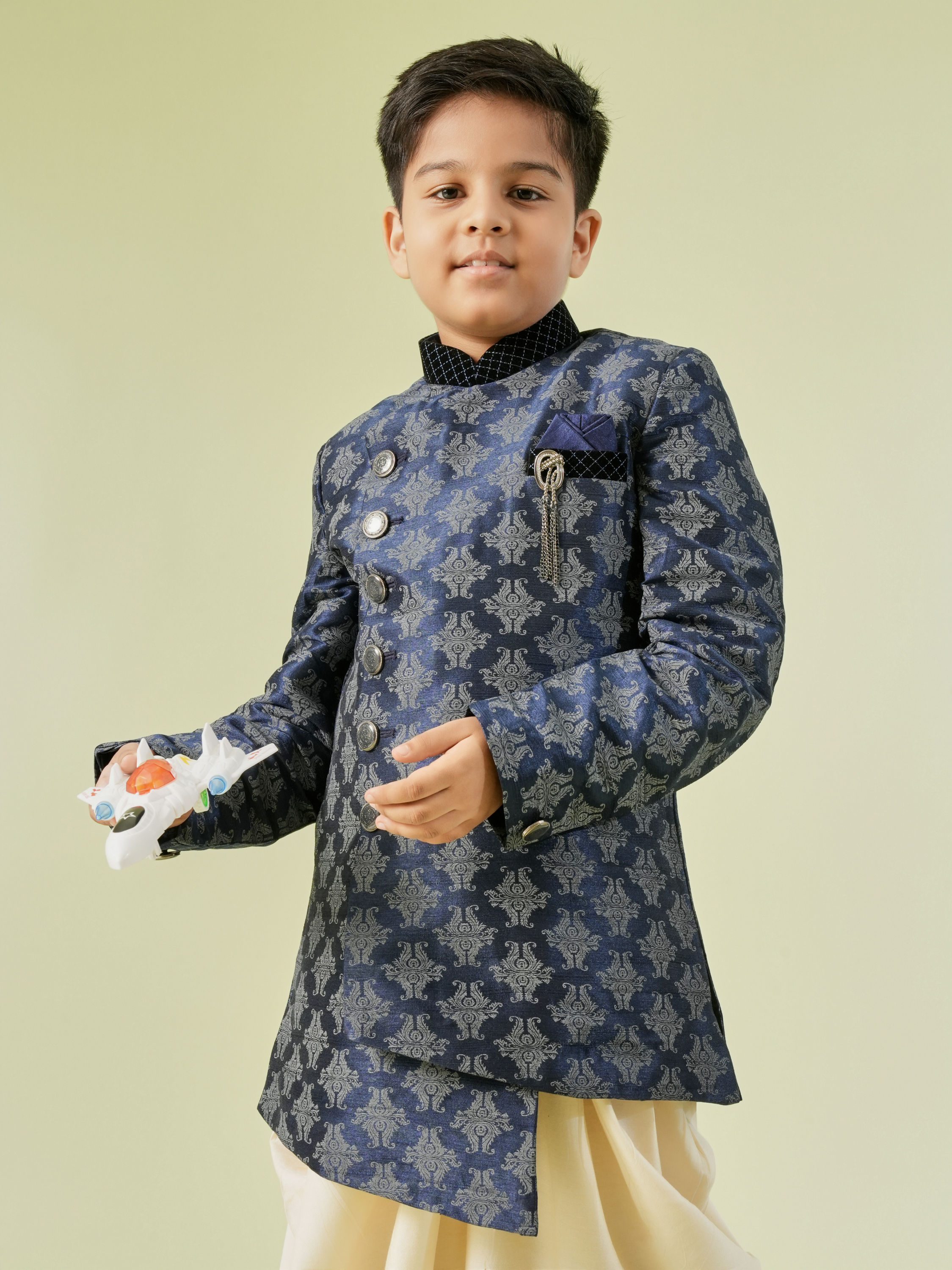 Manyavar Boys Kids Dark Blue Kurta Pajama with Brooch