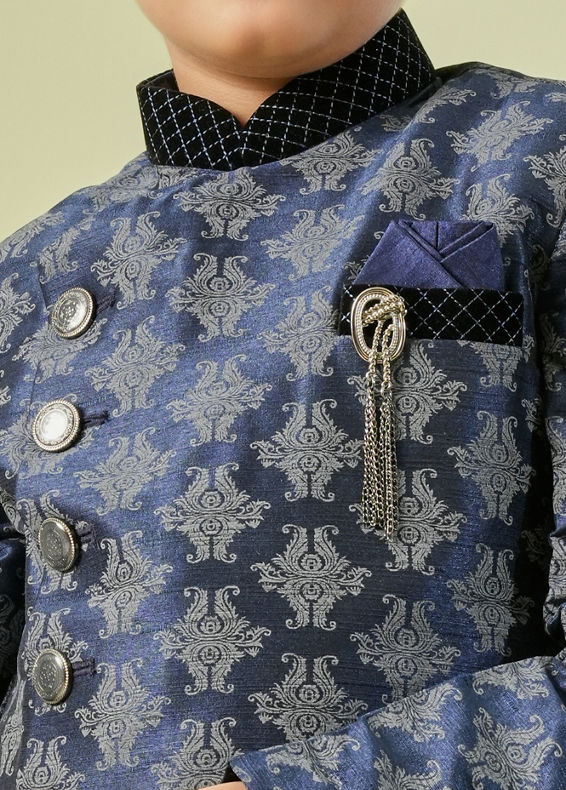 Manyavar Boys Kids Dark Blue Kurta Pajama with Brooch