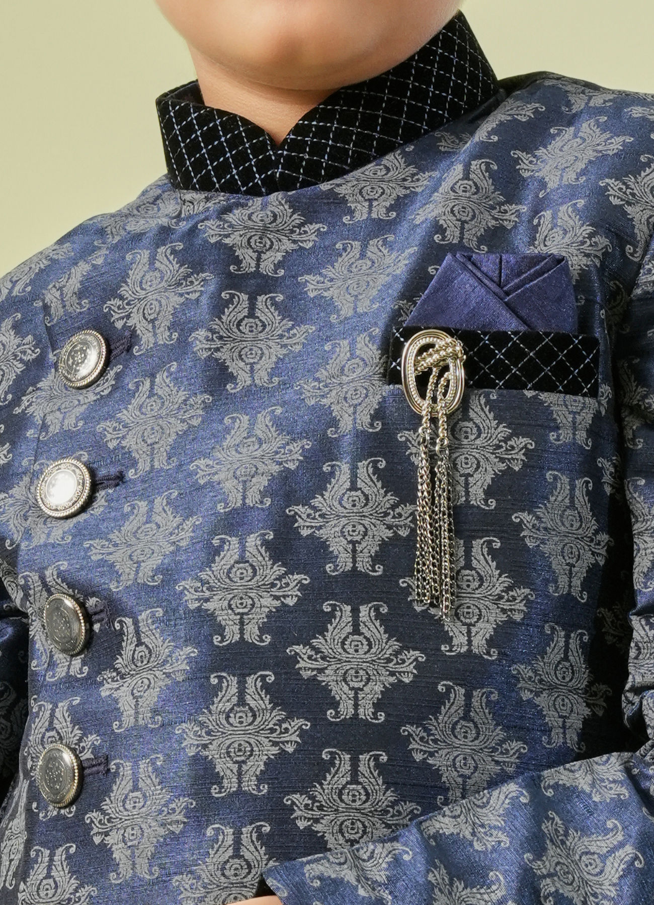 Manyavar Boys Kids Dark Blue Kurta Pajama with Brooch