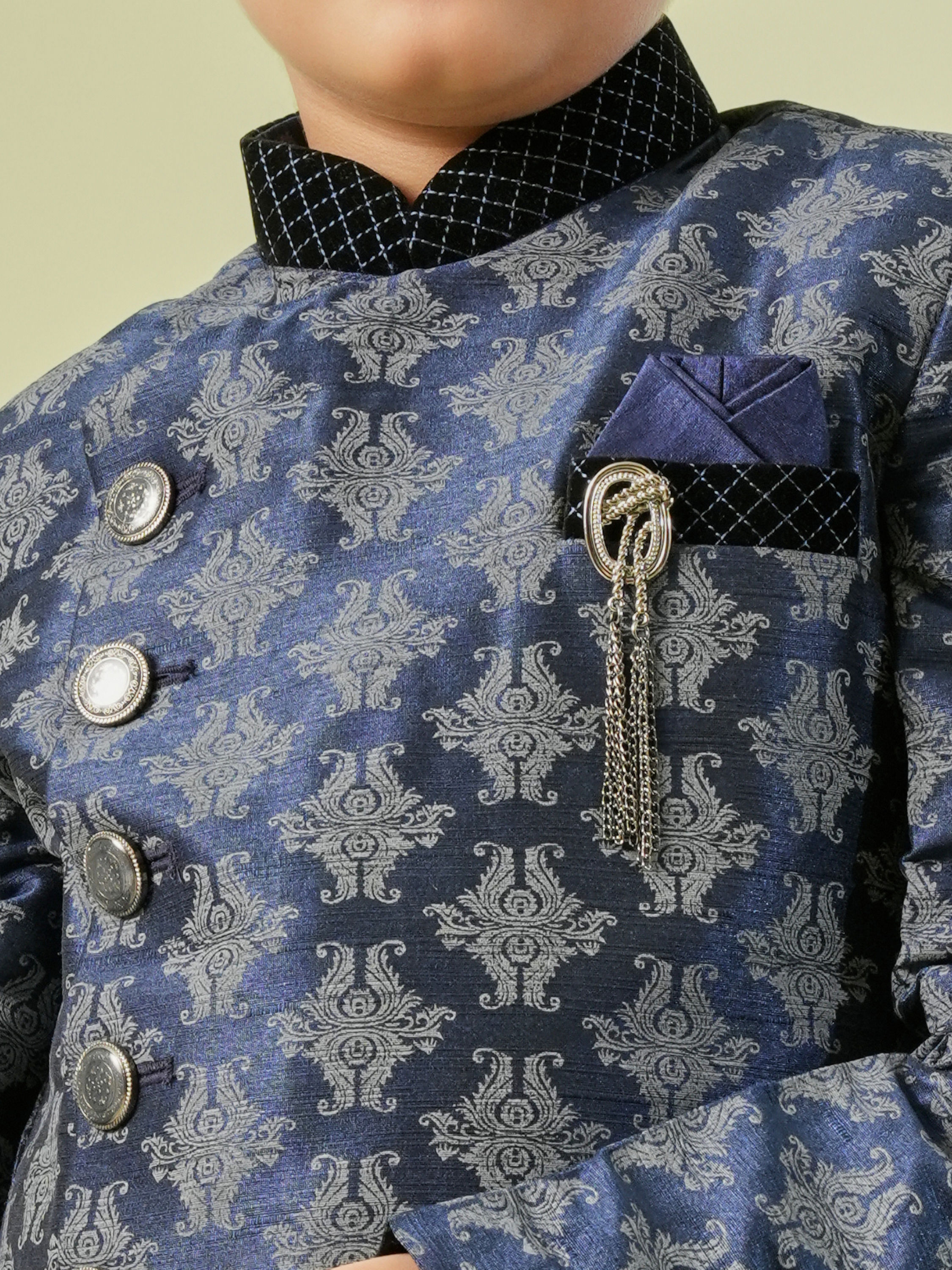 Manyavar Boys Kids Dark Blue Kurta Pajama with Brooch