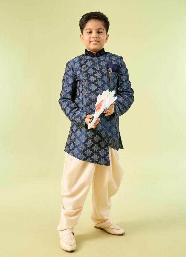Manyavar Boys Kids Dark Blue Kurta Pajama with Brooch