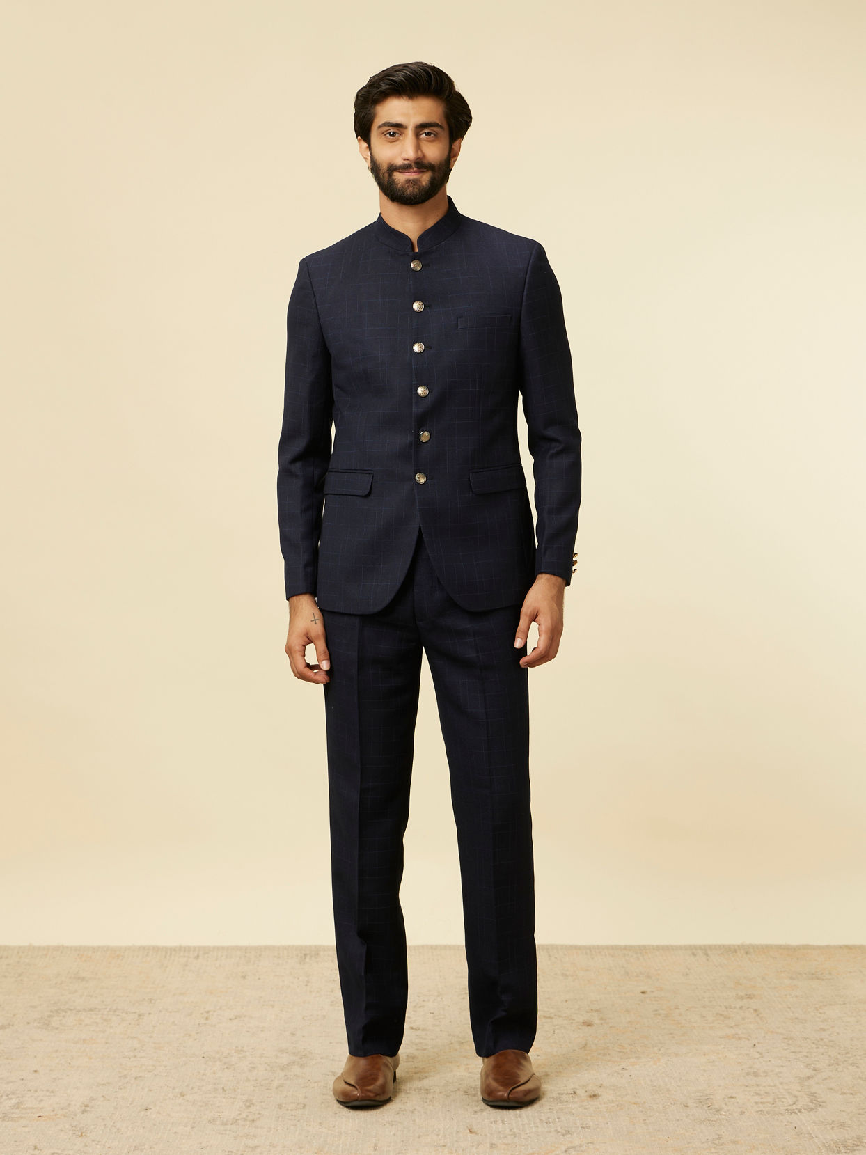 Manyavar Men Dark Blue Chequered Suit