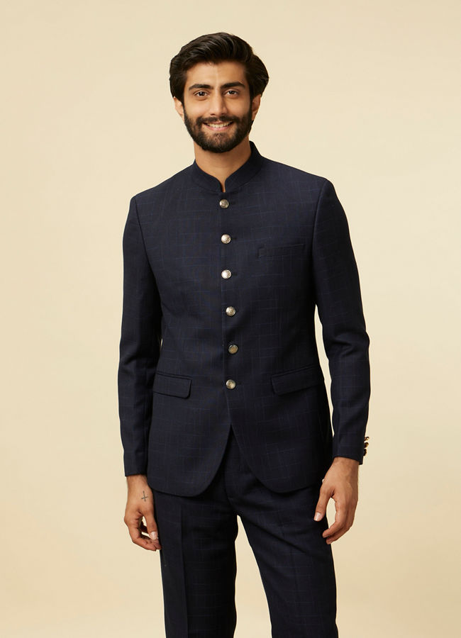 Manyavar Men Dark Blue Chequered Suit