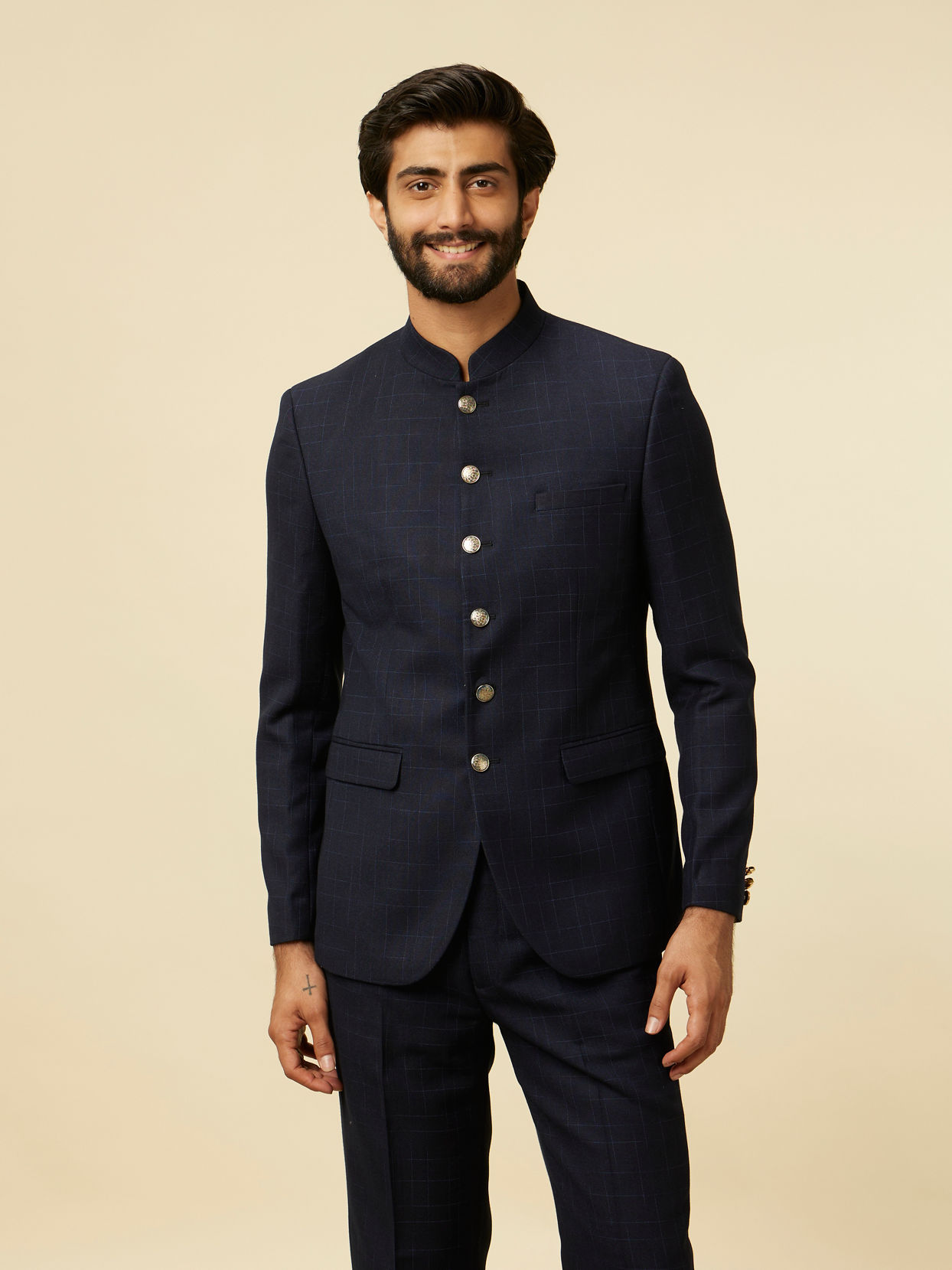 Manyavar Men Dark Blue Chequered Suit