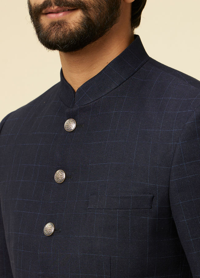 Manyavar Men Dark Blue Chequered Suit