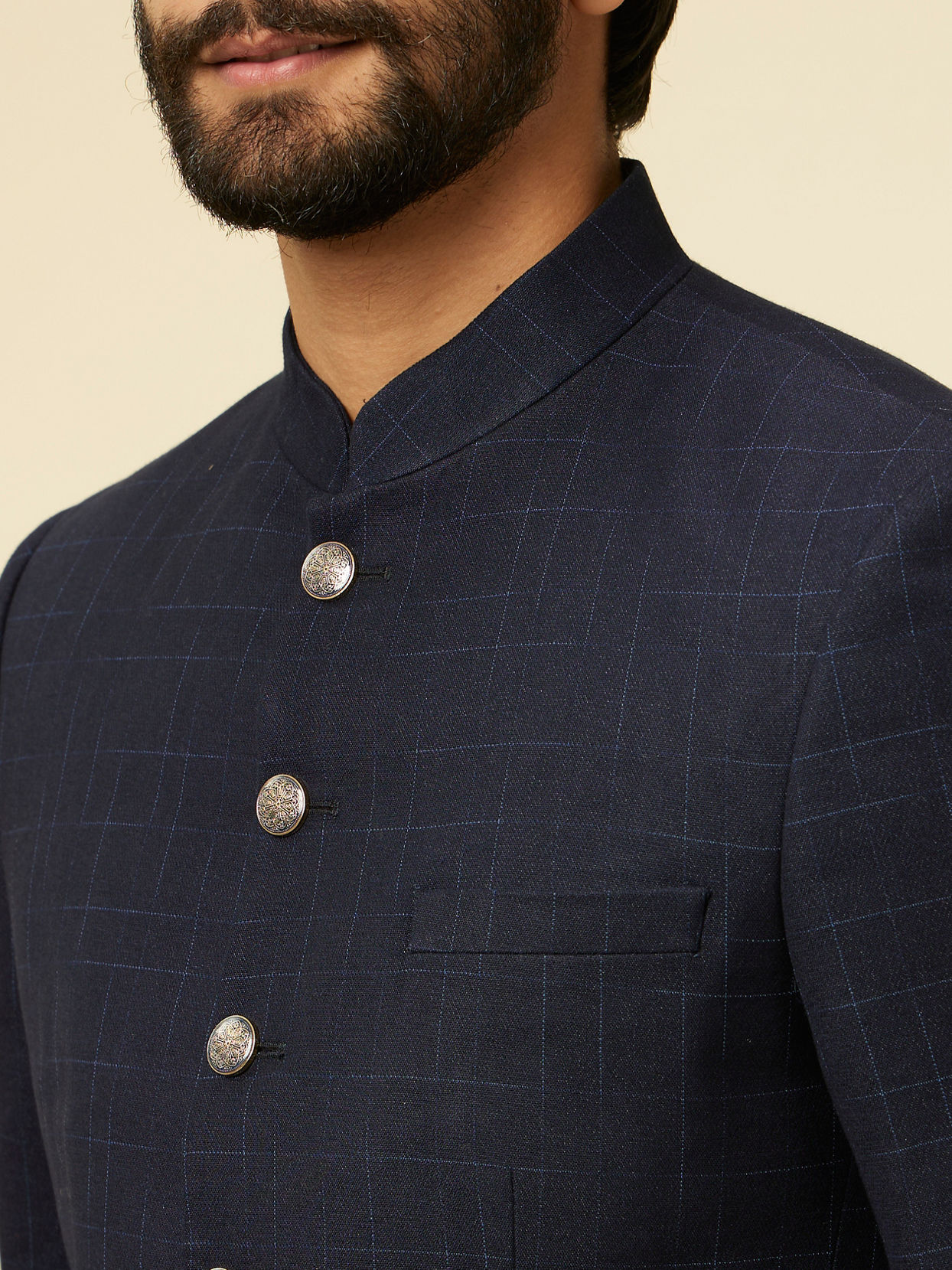 Manyavar Men Dark Blue Chequered Suit