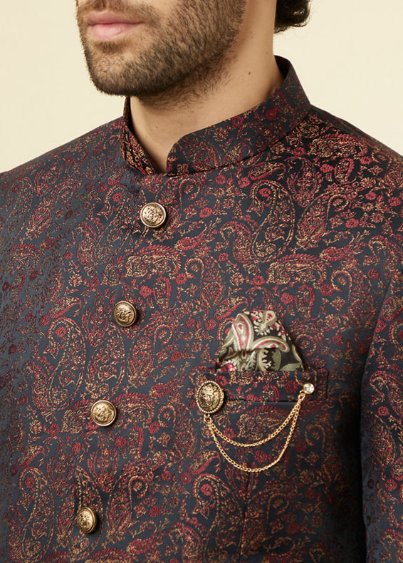Manyavar Men Smokey Black Paisley Patterned Suit