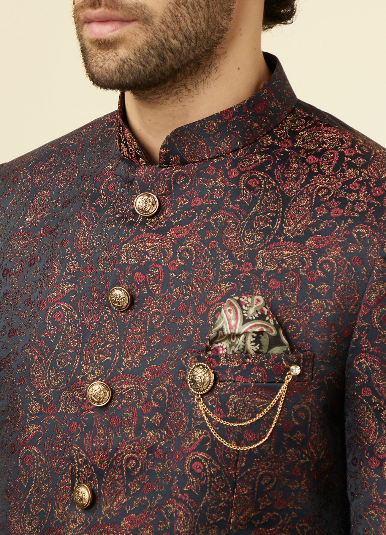 Manyavar Men Smokey Black Paisley Patterned Suit