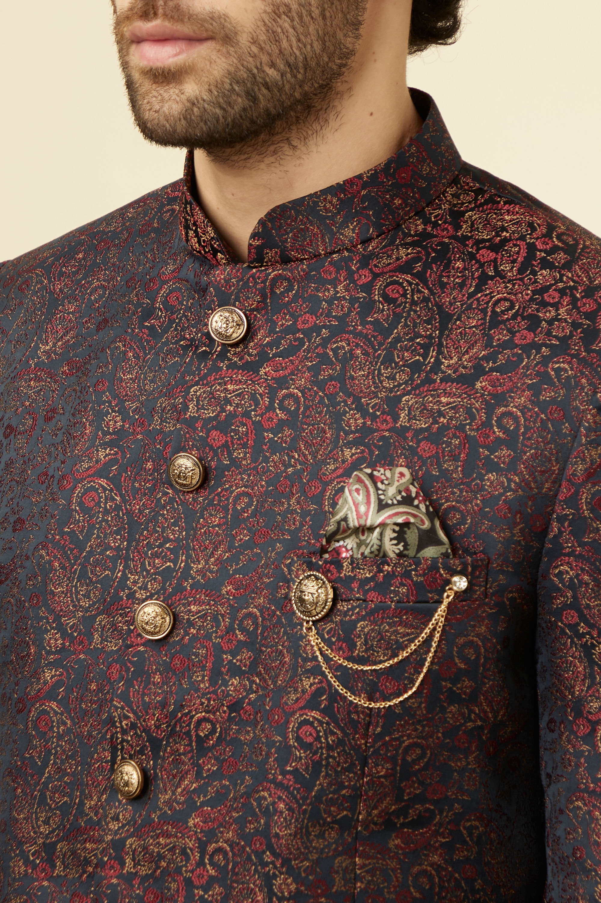 Manyavar Men Smokey Black Paisley Patterned Suit