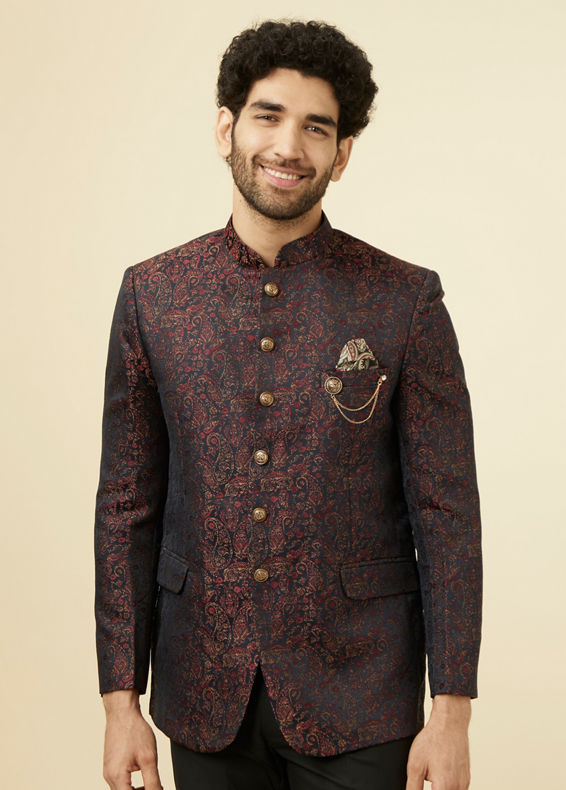 Manyavar Men Smokey Black Paisley Patterned Suit