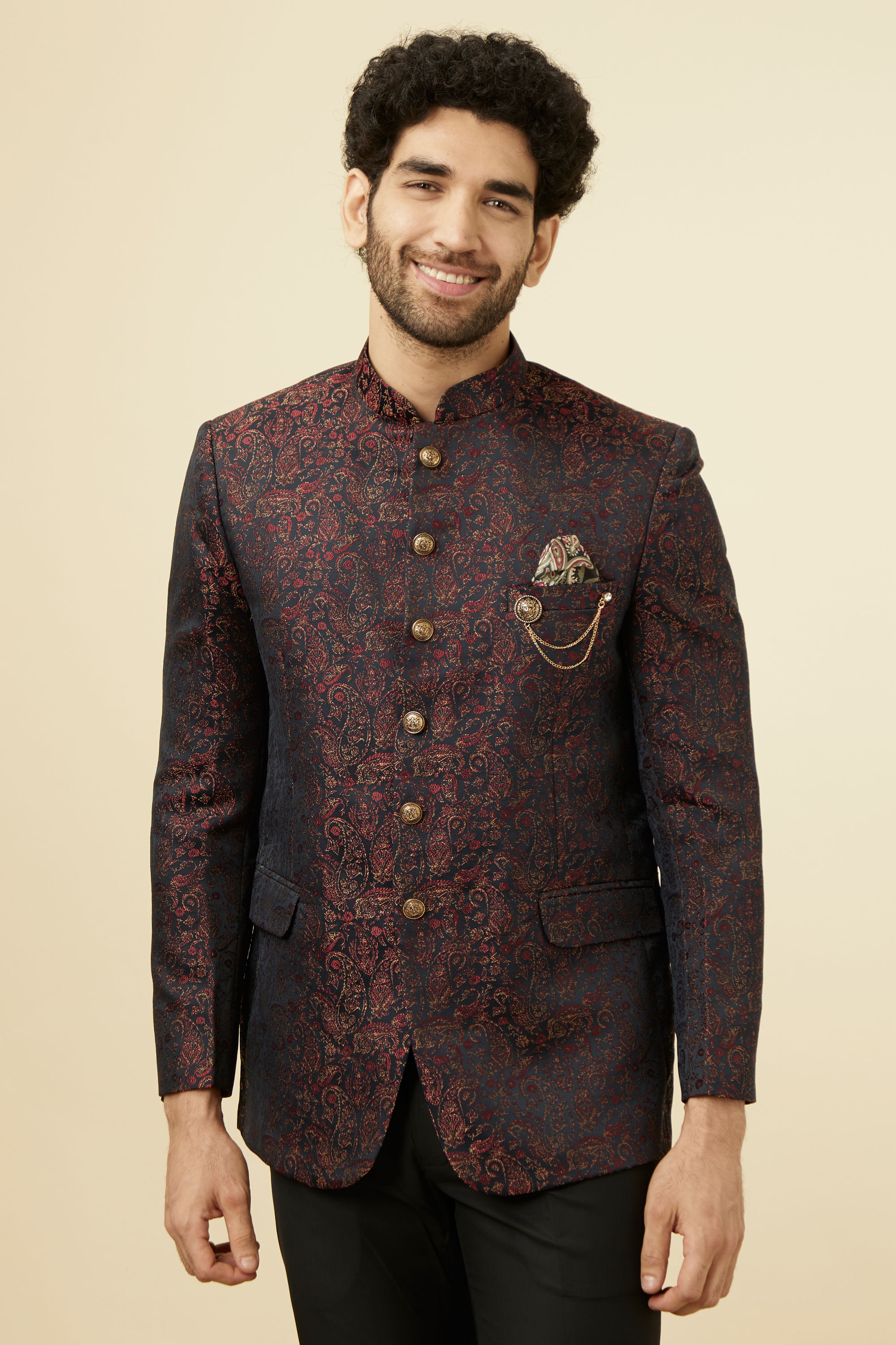 Manyavar Men Smokey Black Paisley Patterned Suit